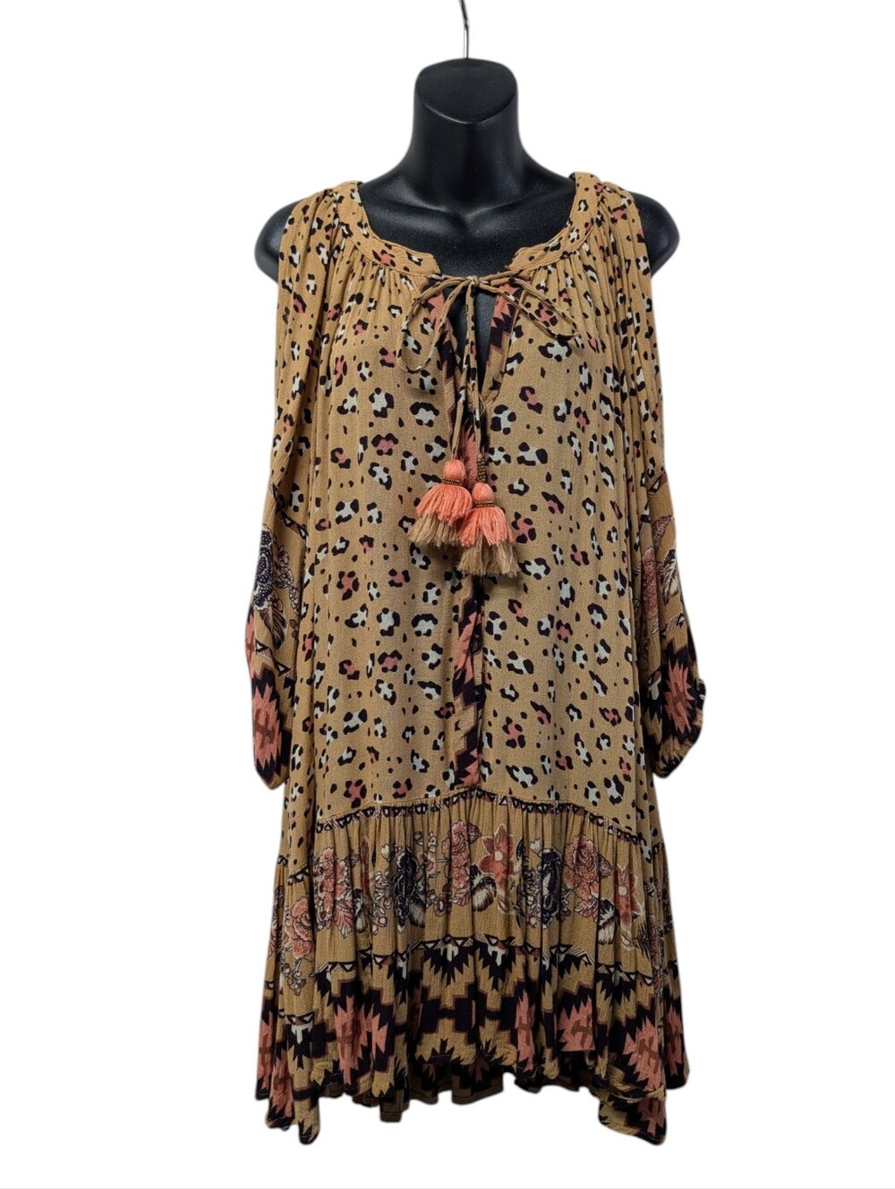 Z&L Europe Animal Print Mini Boho Dress Cold Shoulder Embroidered Tassels  14